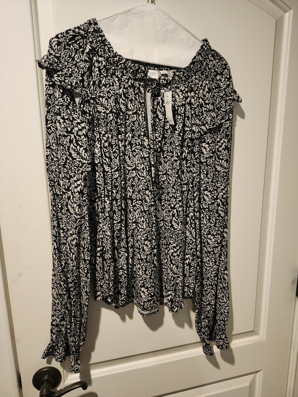 Gap Womens Black & White Floral Long-Sleeve Peasant Top, L, NWT